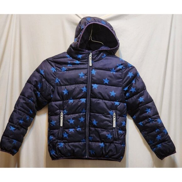 Hanna Andersson Puffer Coat Dark Blue Star Print Pockets Hooded Boys 6-7 120cm